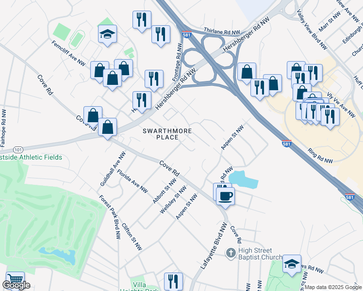 map of restaurants, bars, coffee shops, grocery stores, and more near 1709 Coveland Drive Northwest in Roanoke