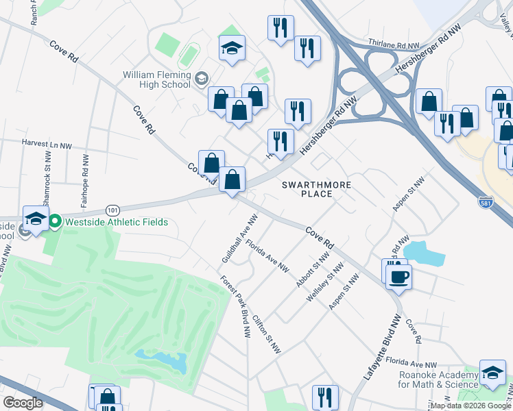 map of restaurants, bars, coffee shops, grocery stores, and more near 1532 Guildhall Avenue Northwest in Roanoke