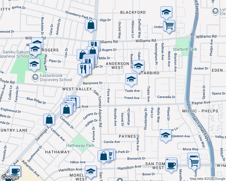 map of restaurants, bars, coffee shops, grocery stores, and more near 1258 Flora Avenue in San Jose