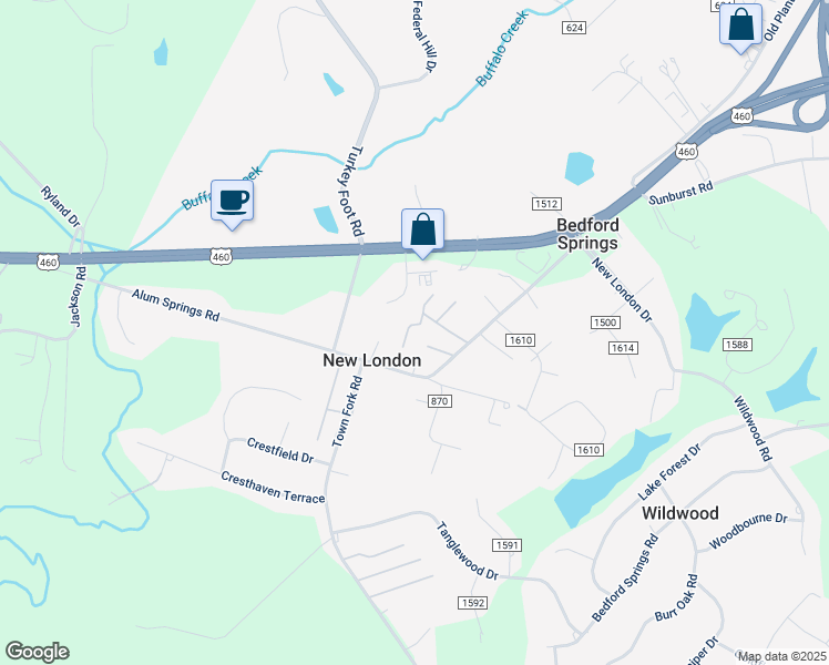 map of restaurants, bars, coffee shops, grocery stores, and more near 92 View Place in Lynchburg