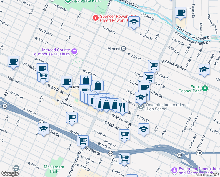 map of restaurants, bars, coffee shops, grocery stores, and more near 226 West 19th Street in Merced
