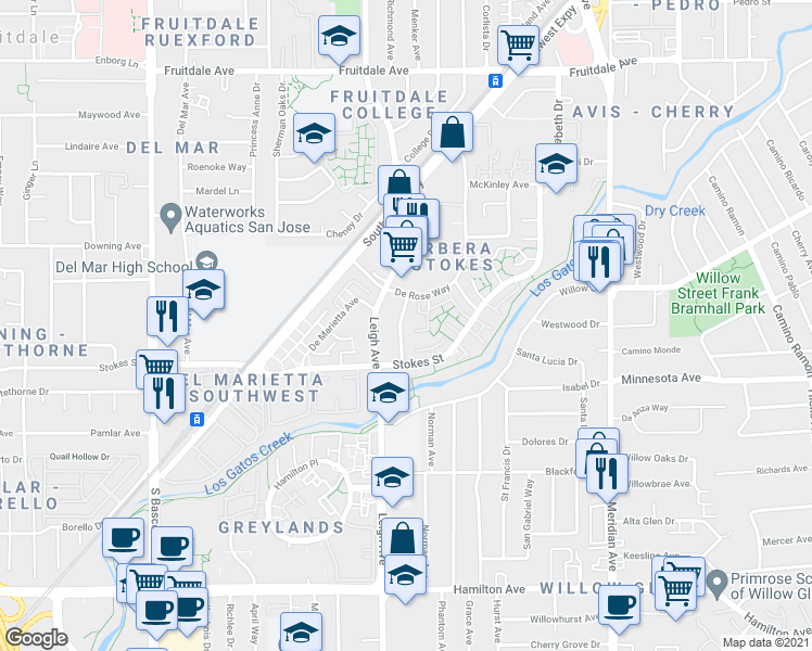 map of restaurants, bars, coffee shops, grocery stores, and more near 1220 Francisco Avenue in San Jose
