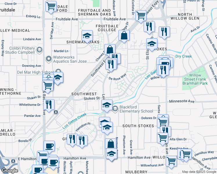map of restaurants, bars, coffee shops, grocery stores, and more near 1220 Francisco Avenue in San Jose