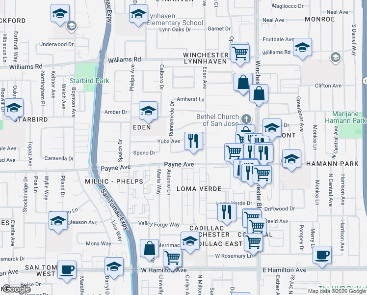 map of restaurants, bars, coffee shops, grocery stores, and more near 3332 Valley Square Lane in San Jose