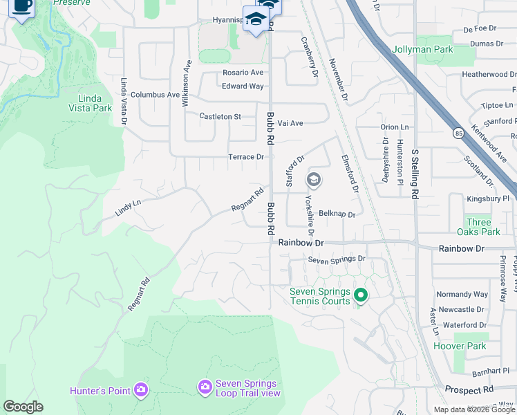 map of restaurants, bars, coffee shops, grocery stores, and more near 21505 Monrovia Street in Cupertino