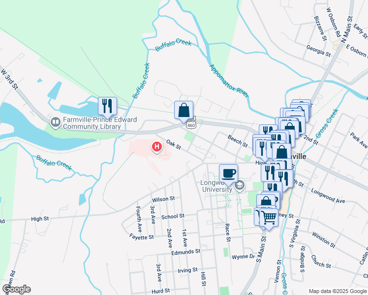 map of restaurants, bars, coffee shops, grocery stores, and more near 718 Oak Street in Farmville