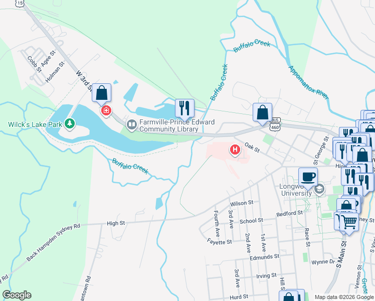 map of restaurants, bars, coffee shops, grocery stores, and more near in Farmville