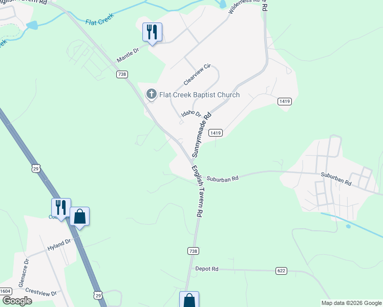 map of restaurants, bars, coffee shops, grocery stores, and more near 1298 English Tavern Road in Lynchburg