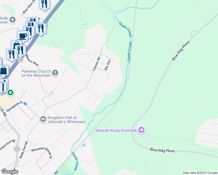 map of restaurants, bars, coffee shops, grocery stores, and more near 3828 Route 3004 in Roanoke