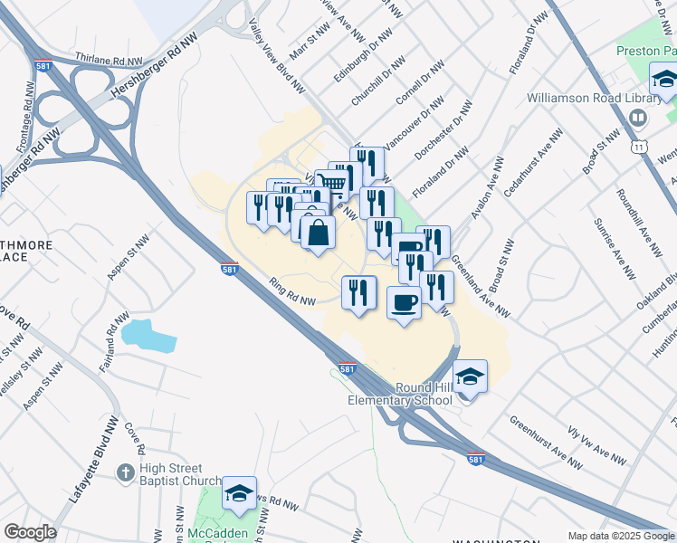 map of restaurants, bars, coffee shops, grocery stores, and more near 4849-4851 Ring Rd NW in Roanoke