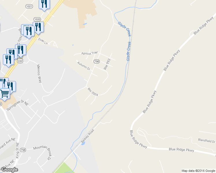 map of restaurants, bars, coffee shops, grocery stores, and more near 3828 Route 3004 in Roanoke