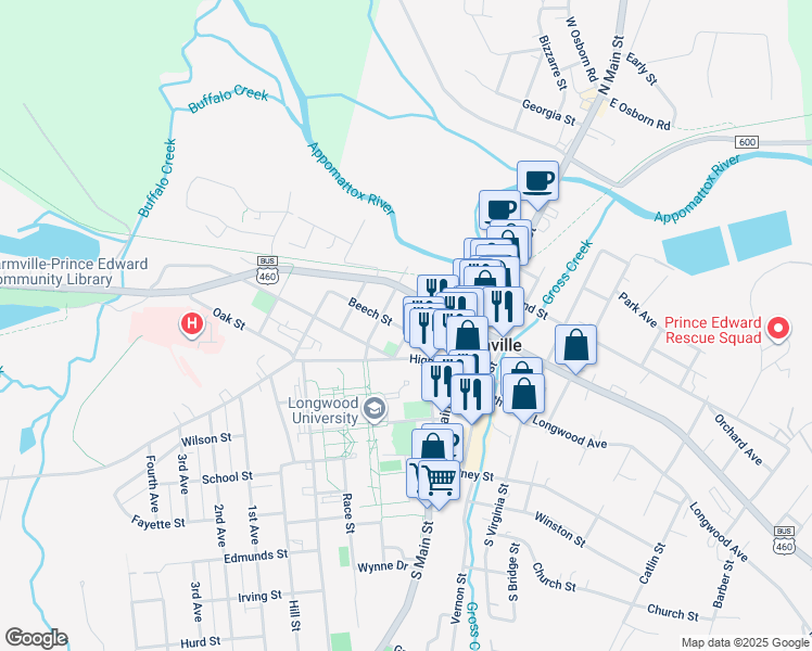 map of restaurants, bars, coffee shops, grocery stores, and more near 306 Beech Street in Farmville