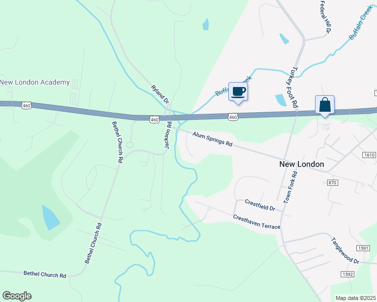 map of restaurants, bars, coffee shops, grocery stores, and more near Carters Crossing Lane in Forest