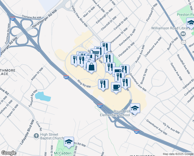 map of restaurants, bars, coffee shops, grocery stores, and more near 4812 Valley View Boulevard Northwest in Roanoke