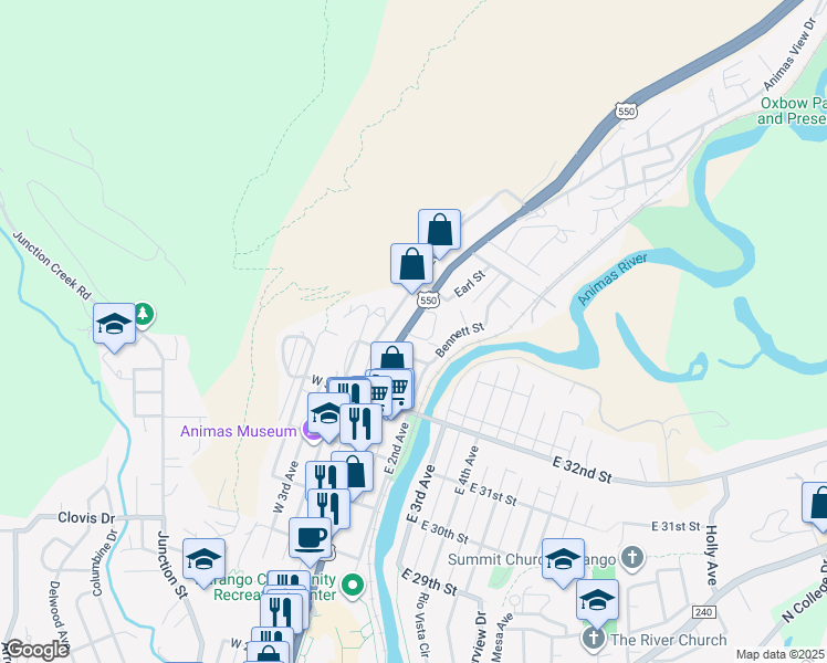 map of restaurants, bars, coffee shops, grocery stores, and more near 3310 Main Avenue in Durango