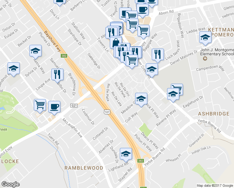 map of restaurants, bars, coffee shops, grocery stores, and more near 1520 East Capitol Expressway in San Jose