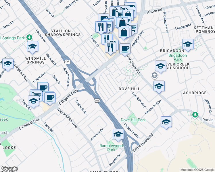 map of restaurants, bars, coffee shops, grocery stores, and more near 1520 East Capitol Expressway in San Jose