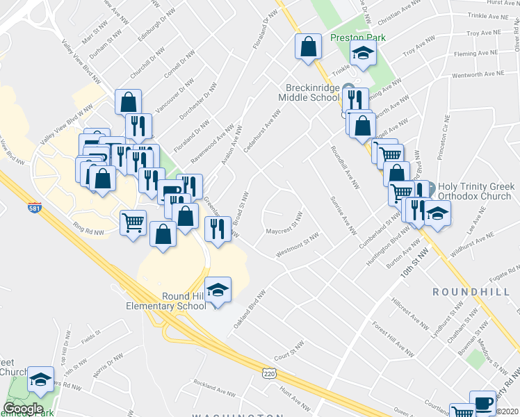map of restaurants, bars, coffee shops, grocery stores, and more near 2532 Roundtop Road Northwest in Roanoke