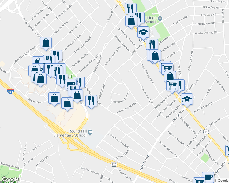 map of restaurants, bars, coffee shops, grocery stores, and more near 2535 Roundtop Road Northwest in Roanoke