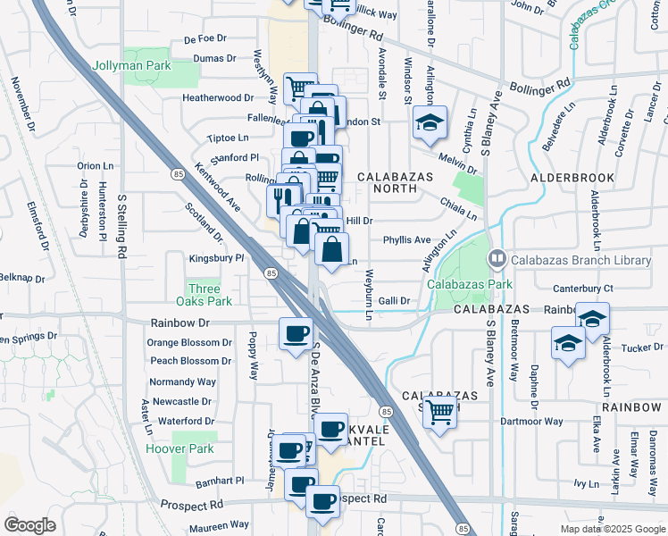 map of restaurants, bars, coffee shops, grocery stores, and more near 7221 Bark Lane in San Jose