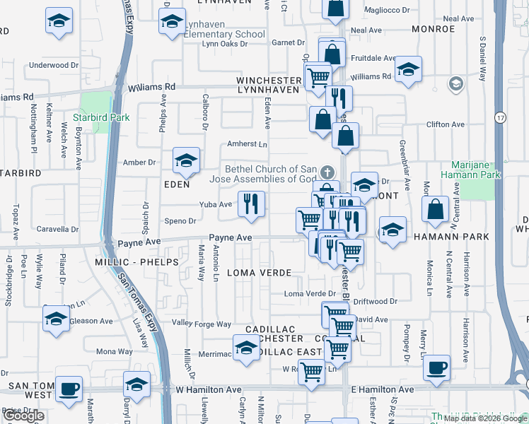 map of restaurants, bars, coffee shops, grocery stores, and more near 3264 Valley Square Lane in San Jose