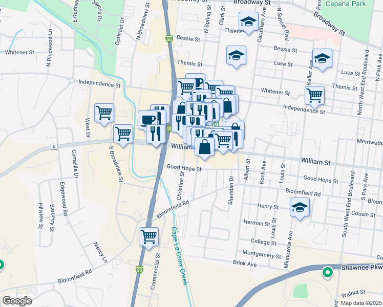 map of restaurants, bars, coffee shops, grocery stores, and more near 2120 William Street in Cape Girardeau