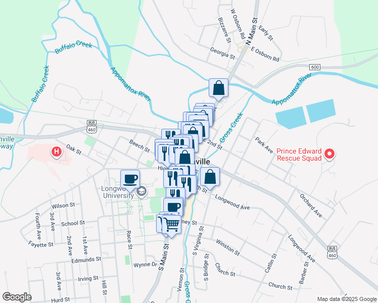 map of restaurants, bars, coffee shops, grocery stores, and more near 200-298 North St in Farmville