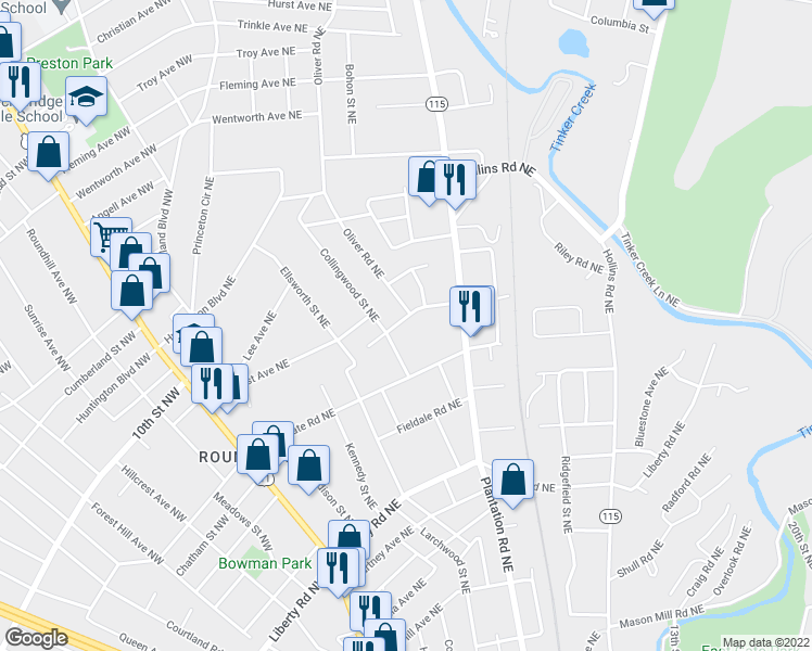 map of restaurants, bars, coffee shops, grocery stores, and more near 319 Whittaker Avenue Northeast in Roanoke