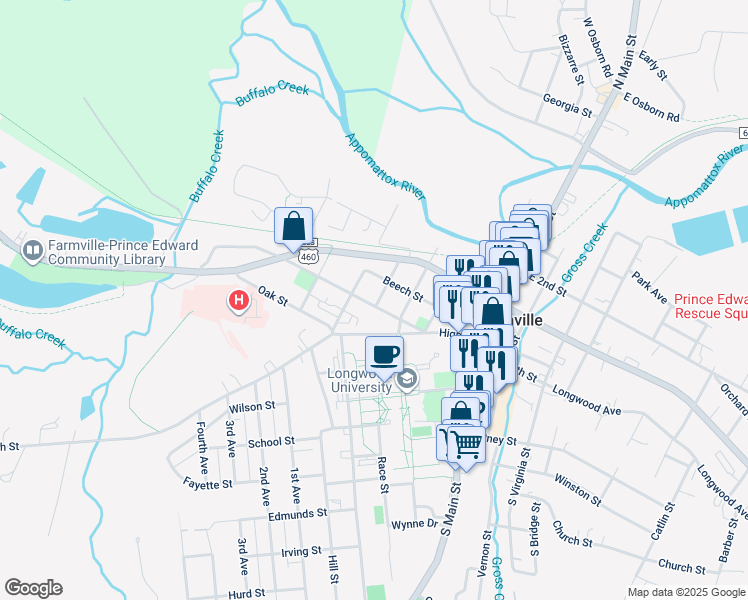 map of restaurants, bars, coffee shops, grocery stores, and more near 500 Buffalo Street in Farmville