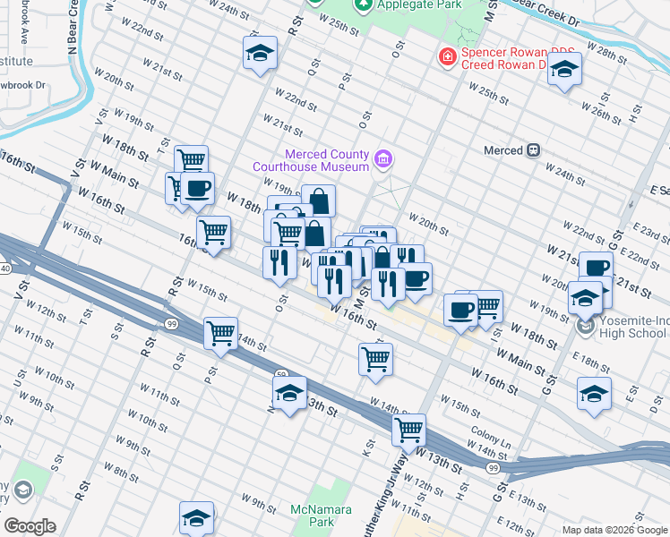 map of restaurants, bars, coffee shops, grocery stores, and more near in Merced
