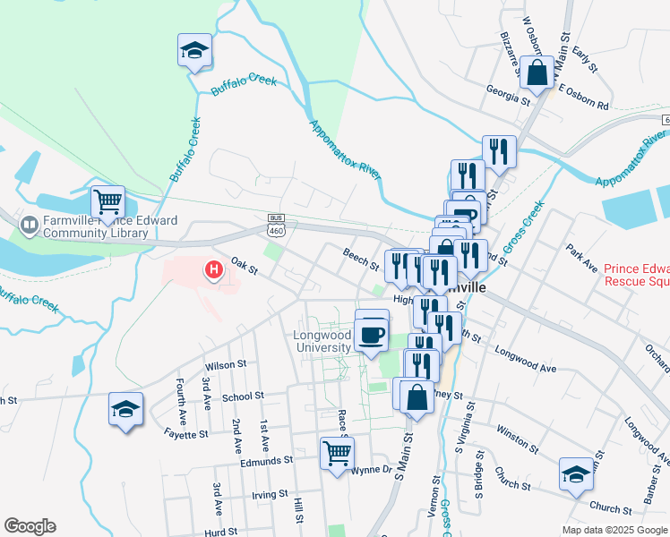 map of restaurants, bars, coffee shops, grocery stores, and more near 500 Buffalo Street in Farmville