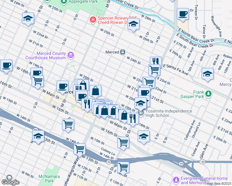 map of restaurants, bars, coffee shops, grocery stores, and more near 212 West 21st Street in Merced