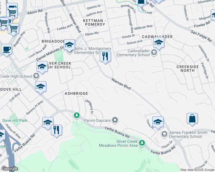 map of restaurants, bars, coffee shops, grocery stores, and more near 3735 Nieman Boulevard in San Jose