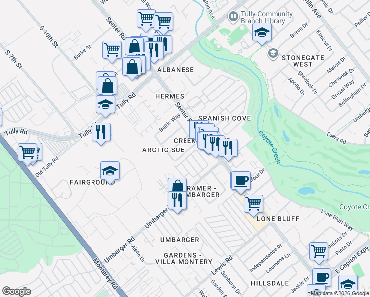 map of restaurants, bars, coffee shops, grocery stores, and more near 542 Sheridan Place in San Jose