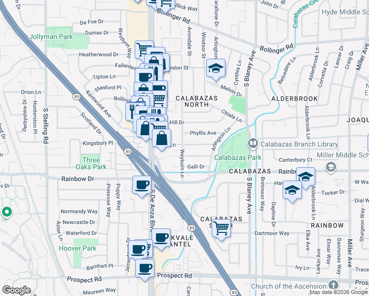 map of restaurants, bars, coffee shops, grocery stores, and more near 7148 Phyllis Avenue in San Jose