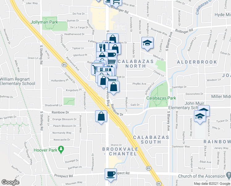 map of restaurants, bars, coffee shops, grocery stores, and more near 7221 Bark Lane in San Jose