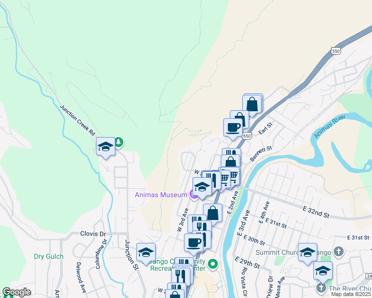 map of restaurants, bars, coffee shops, grocery stores, and more near 611 West 33rd Street in Durango