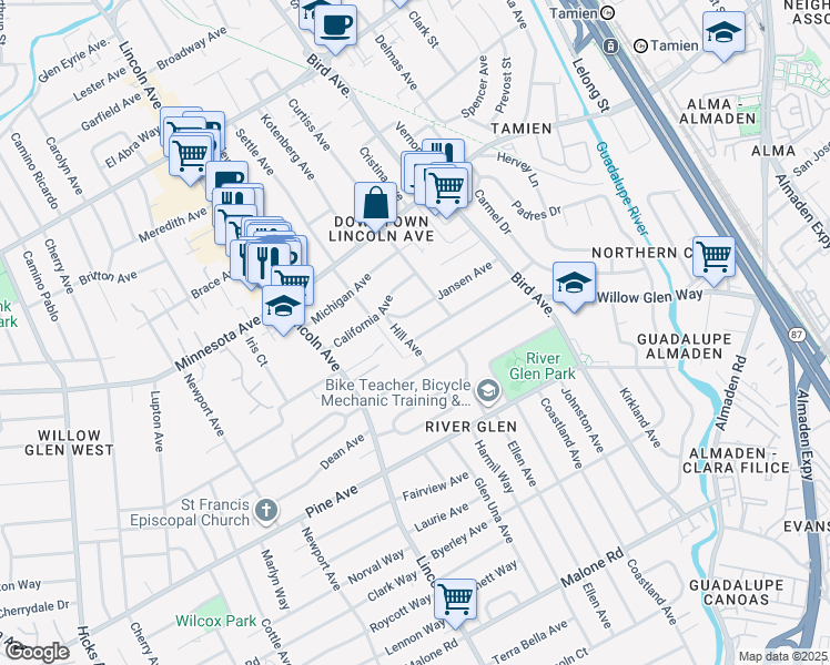 map of restaurants, bars, coffee shops, grocery stores, and more near 961 Nevada Avenue in San Jose
