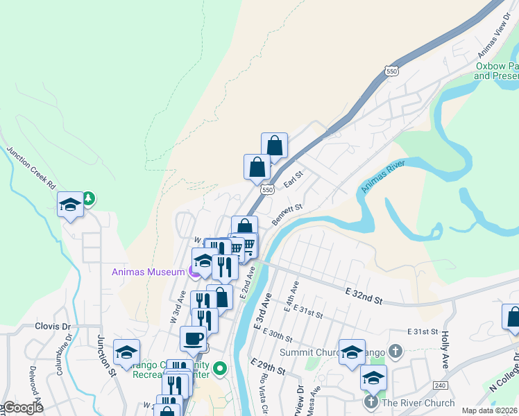 map of restaurants, bars, coffee shops, grocery stores, and more near 3466 Main Avenue in Durango