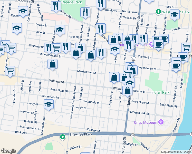 map of restaurants, bars, coffee shops, grocery stores, and more near 1118 Merriwether Street in Cape Girardeau