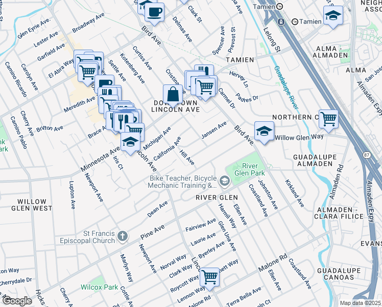 map of restaurants, bars, coffee shops, grocery stores, and more near 961 Nevada Avenue in San Jose