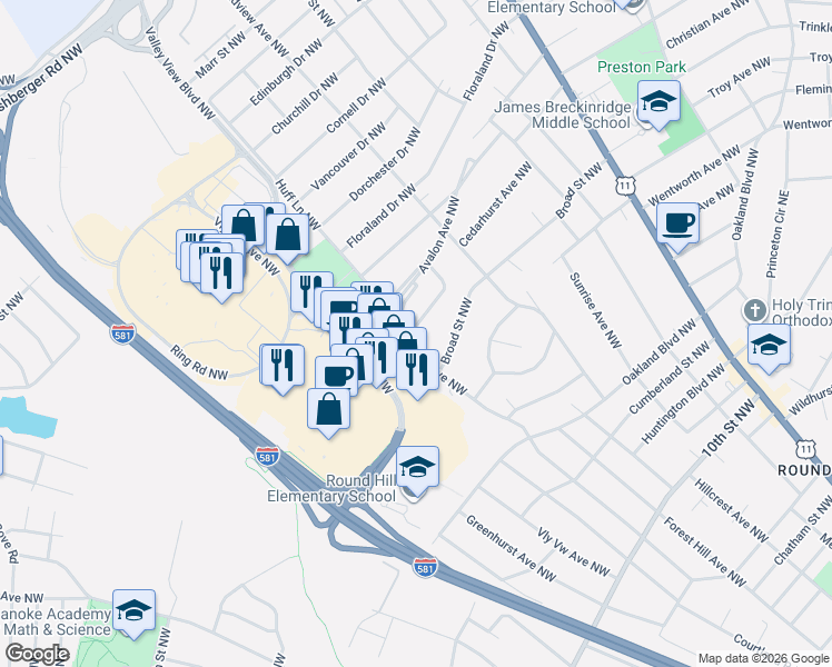 map of restaurants, bars, coffee shops, grocery stores, and more near 3835 Greenland Avenue Northwest in Roanoke