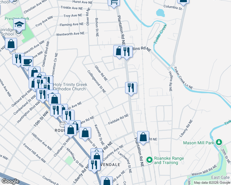 map of restaurants, bars, coffee shops, grocery stores, and more near 3107 Oliver Road Northeast in Roanoke