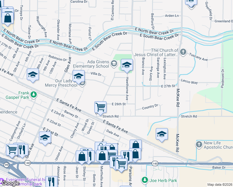 map of restaurants, bars, coffee shops, grocery stores, and more near 1595 Primrose Avenue in Merced