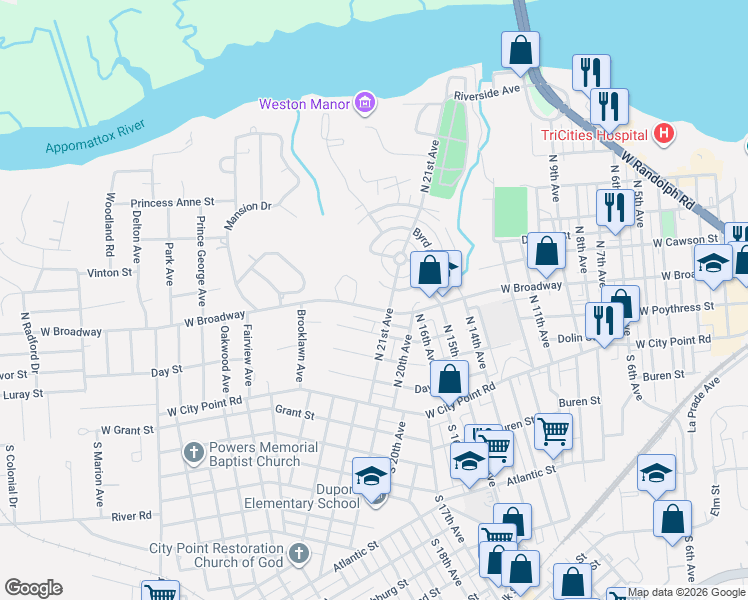 map of restaurants, bars, coffee shops, grocery stores, and more near 402 Monticello Drive in Hopewell