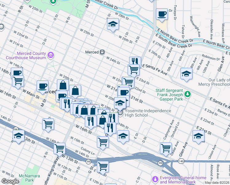 map of restaurants, bars, coffee shops, grocery stores, and more near 2038 H Street in Merced
