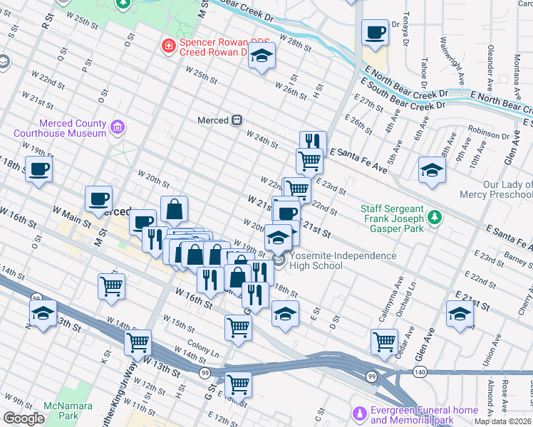map of restaurants, bars, coffee shops, grocery stores, and more near 119 West 21st Street in Merced