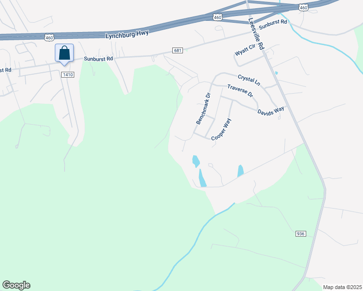 map of restaurants, bars, coffee shops, grocery stores, and more near 43 Benchmark Drive in Evington