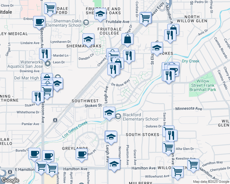 map of restaurants, bars, coffee shops, grocery stores, and more near 1590 De Rose Way in San Jose