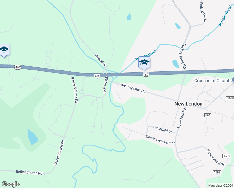 map of restaurants, bars, coffee shops, grocery stores, and more near 121 Carters Crossing Lane in Forest